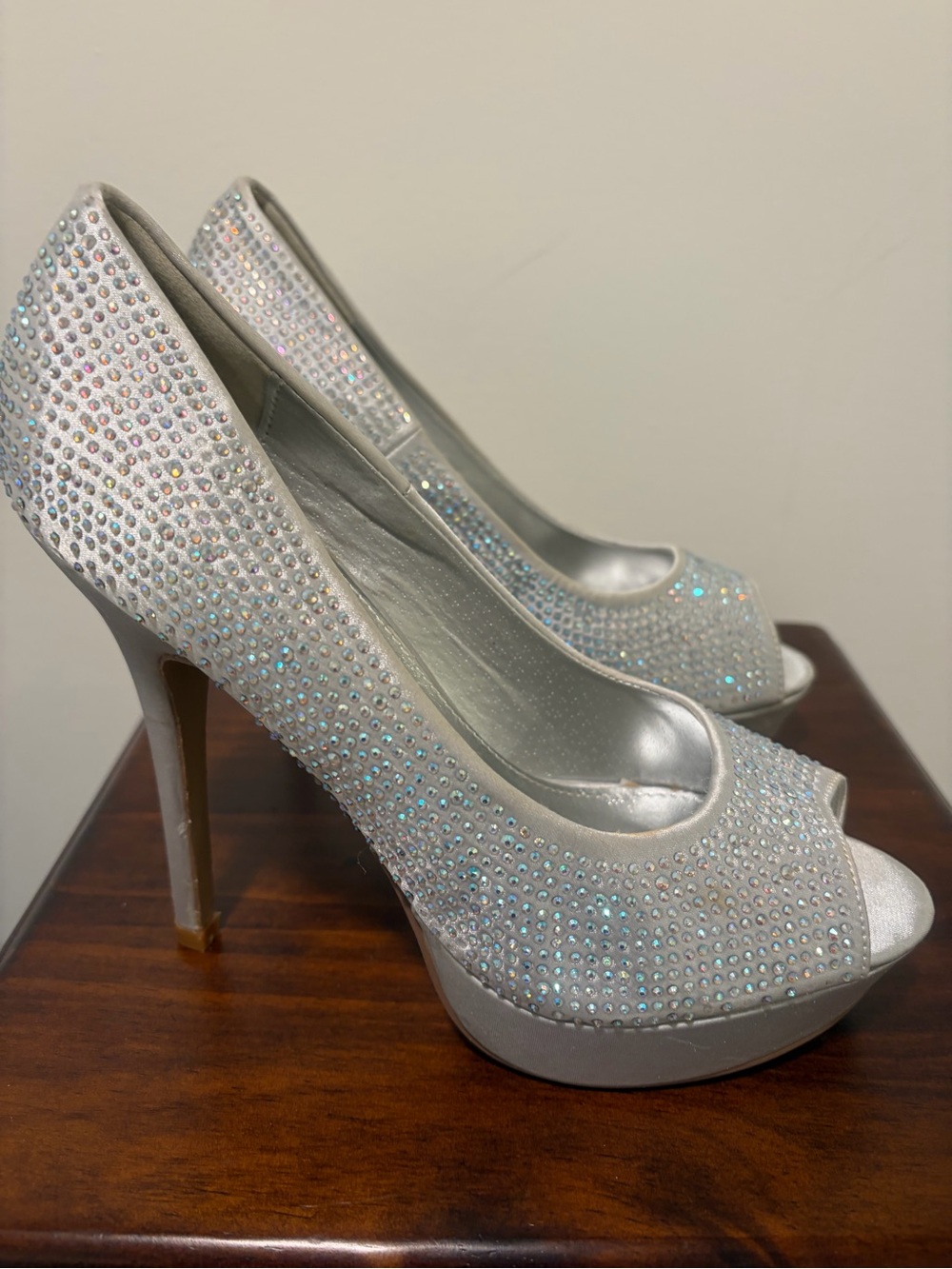 Dream Pairs Silver Crystal Peep Toe Platform Heels
